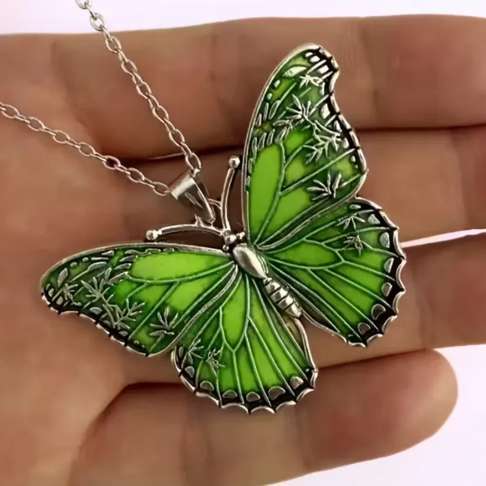 Mint Glow Butterfly Necklace Light Green Enamel Sparkling Oil Drop Silver Finish